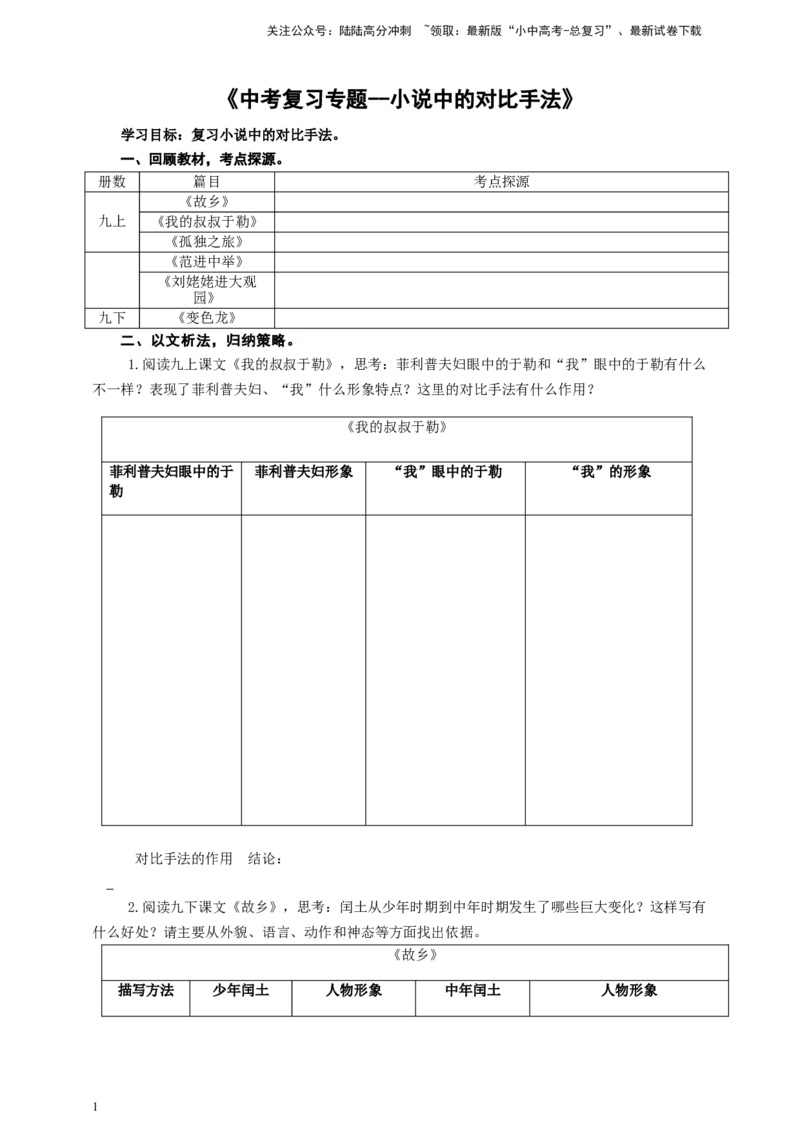 语文中考小说中的对比手法专题复习导学案_02中考总复习（2026版更新中）_01-语文-中考总复习_2025年中考资料_备考2025中考语文二轮专项复习课件+教案+导学案