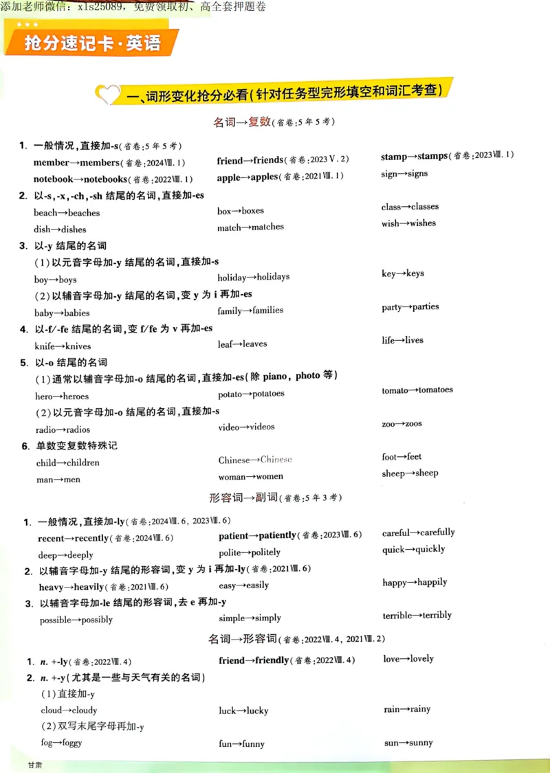 2025甘肃定心卷抢分速记卡_00_初中资料合集_万唯2025版万唯中考《定心卷》全国地方版实时更新（已更11省）_2025万唯中考《定心卷》7科（甘肃）