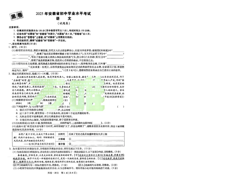 黑卷-语文-A4_初中资料合集_2025《万唯中考&bull;黑白卷》多地方版（更30省）_2025《万唯中考&bull;黑白卷》7科全套（安徽）_A4版