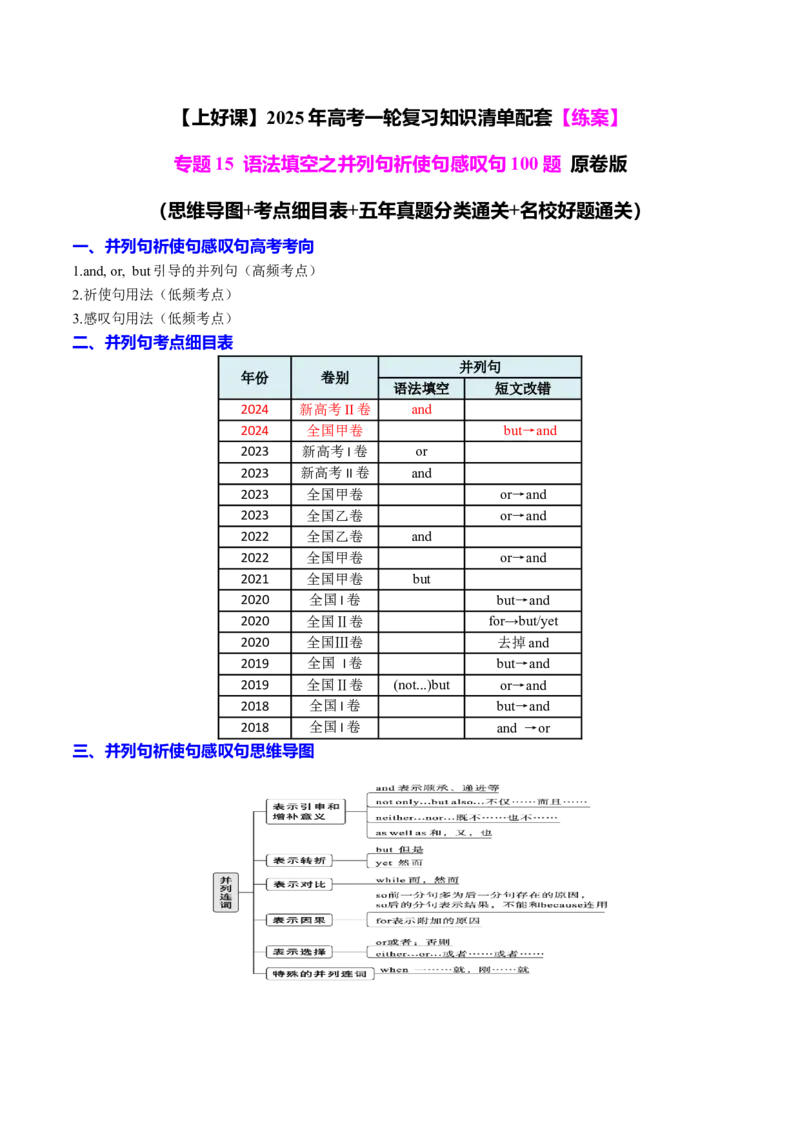 专题15语法填空之并列句祈使句感叹句100题（练案）原卷版_3.2025英语总复习_2025年新高考资料_一轮复习_2025年高考英语一轮复习知识清单