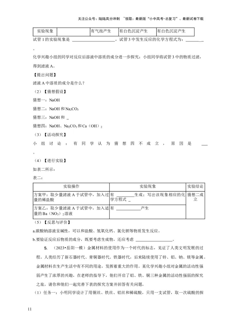 精练11化学实验探究（原卷版）_02中考总复习（2026版更新中）_05-化学-中考总复习_2024年中考复习资料_二轮复习资料_2024年中考化学二轮题型突破限时精练
