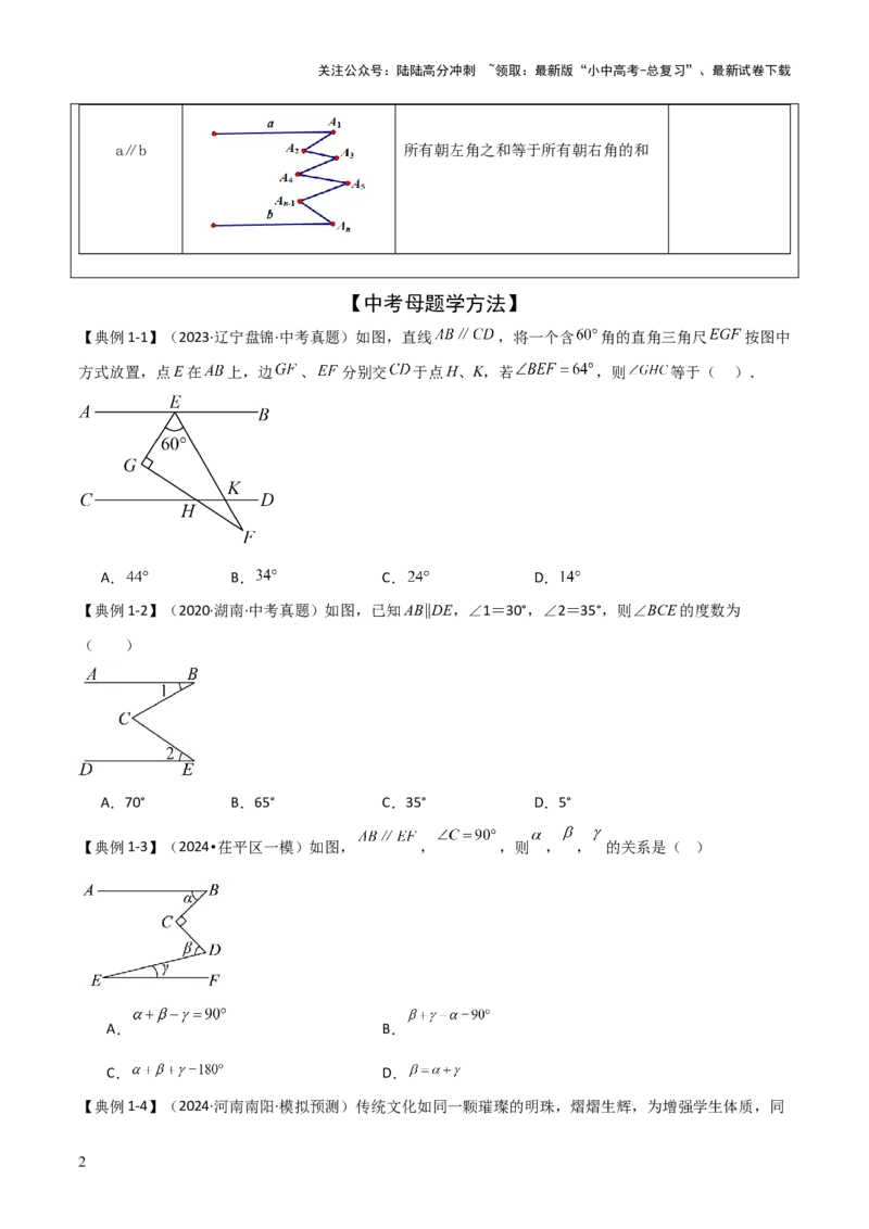 难点与解题模型10平行线中的常见的四种&ldquo;拐角&rdquo;模型（原卷版）_02中考总复习（2026版更新中）_02-数学-中考总复习_2025中考复习资料_2025年中考数学一轮知识梳理