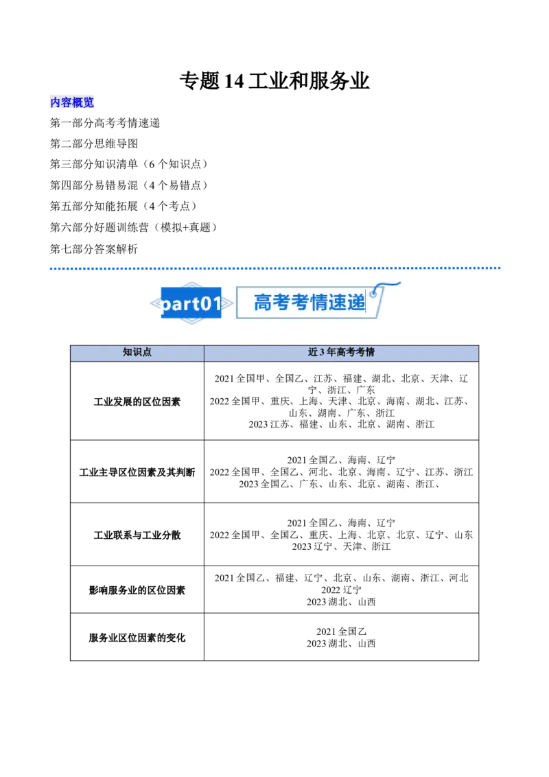 专题14工业和服务业-口袋书2024年高考地理一轮复习知识清单_9.2025地理总复习_2024年新高考资料_1.2024一轮复习_2024年高考地理一轮复习知识清单