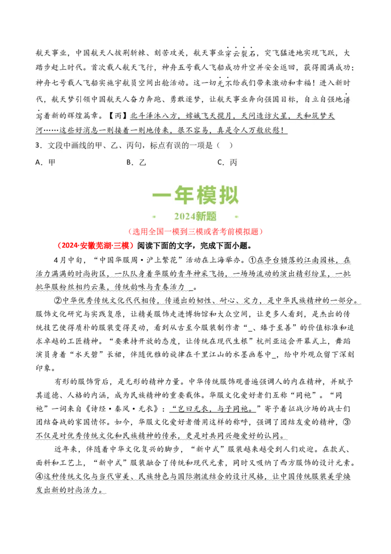 专题07标点使用-3年（2022-2024）高考1年模拟语文真题分类汇编（全国通用）（原卷版）_1.2025语文总复习_2025年新高考资料_专项复习