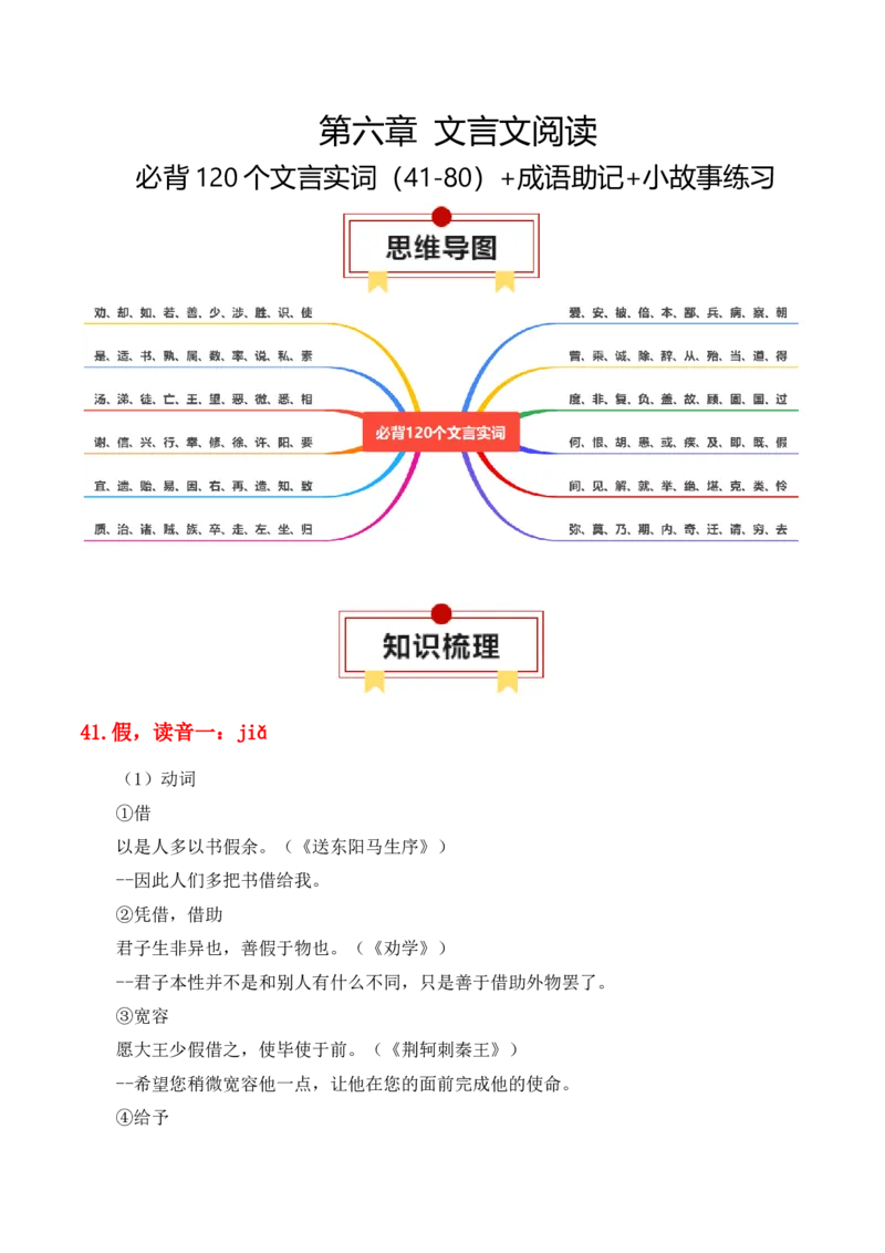 专题07：必背120个文言实词（41-80）+成语助记+小故事练习（原卷版）-上好课2025年高考语文一轮复习知识清单_1.2025语文总复习_2025年新高考资料_一轮复习_第六章文言文阅读