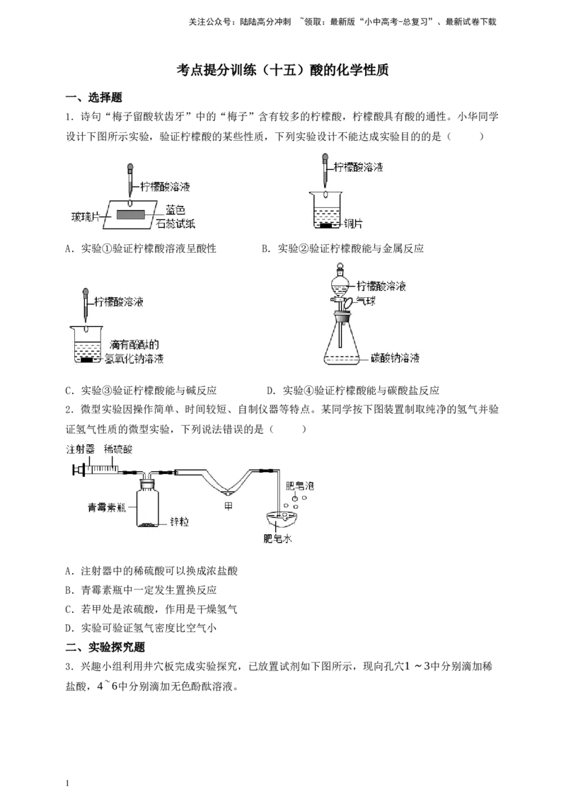 考点提分训练（十五）酸的化学性质_02中考总复习（2026版更新中）_05-化学-中考总复习_2026年中考复习（更新中）_中考化学满分密码：实验深度突破及考点提分训练