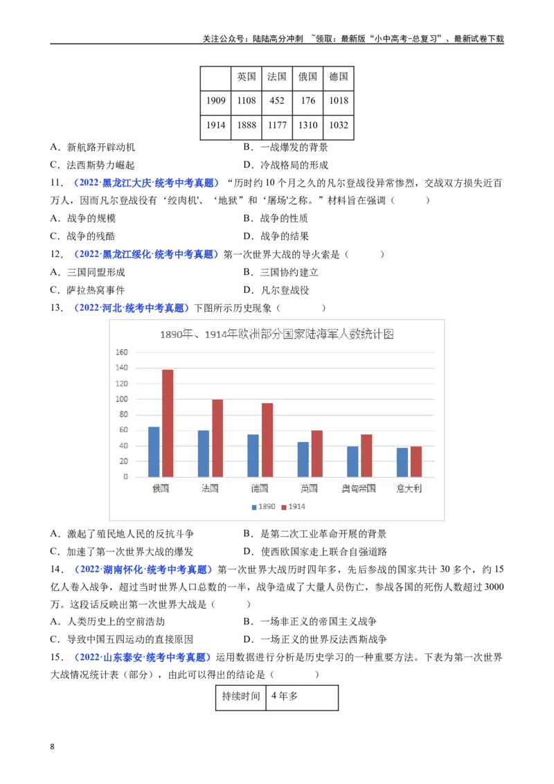 第8课第一次世界大战（原卷版）_02中考总复习（2026版更新中）_06-历史-中考总复习_2024年中考复习资料_专项复习资料_完三年（2021-2023）中考历史真题分项汇编（全国通用）