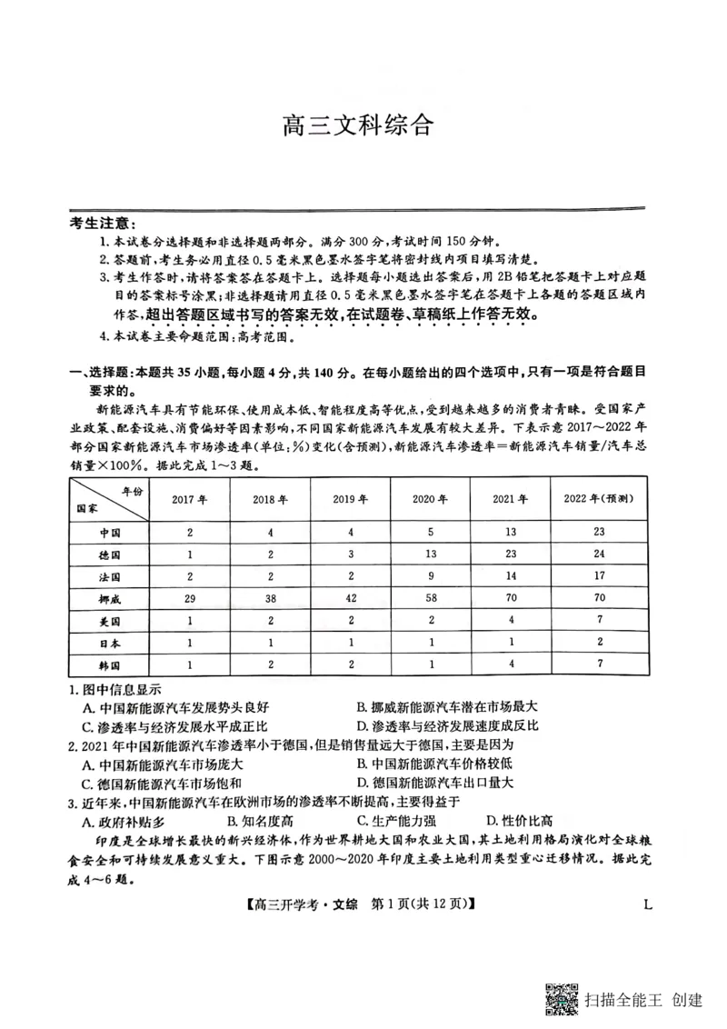 九师联盟2022-2023学年高三下学期开学考试文综试题_9.2025地理总复习_地理高考模拟题_老高考_2023年_九师联盟2022-2023学年高三下学期开学考试（老教材）（江西安徽河南山西甘肃等地）文综