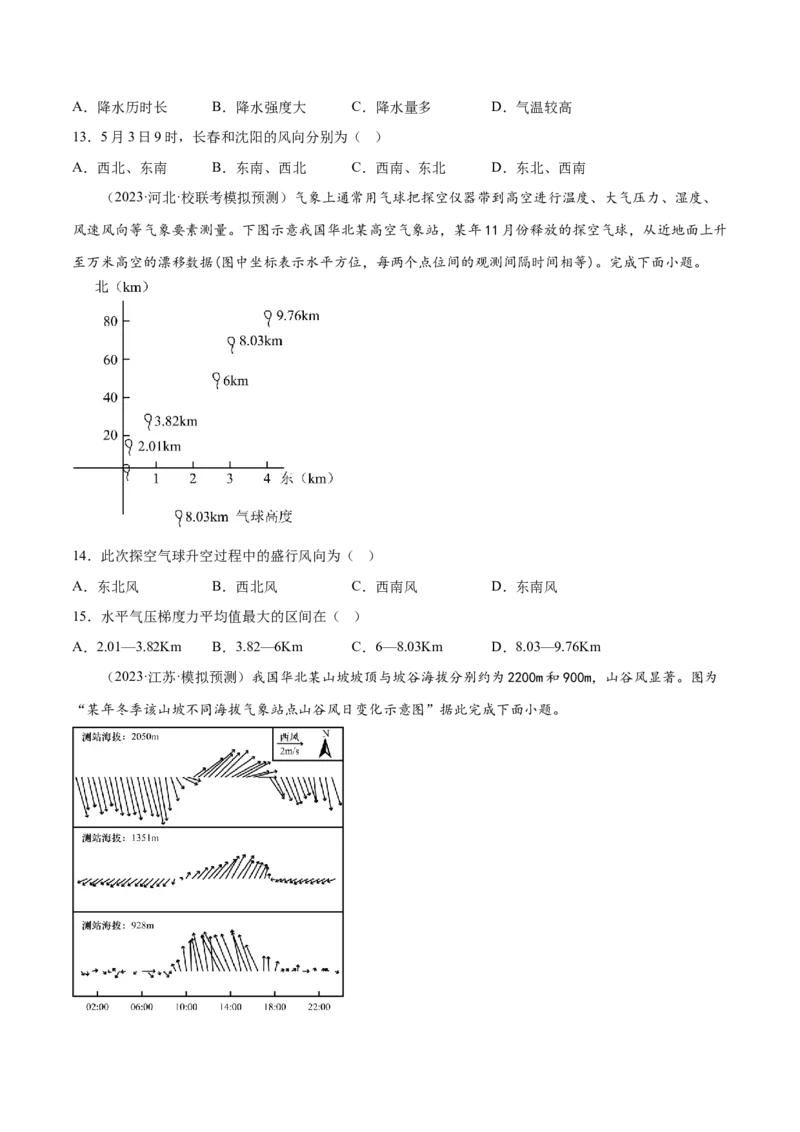 4.4大气的水平运动-备战2024年高考地理一轮复习微专题微考点专项训练（全国通用）（原卷版）_9.2025地理总复习_2024年新高考资料_3.2024专项复习