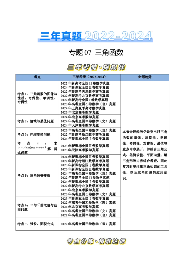 专题07三角函数（七大考点）（解析版）_2.2025数学总复习_2025年新高考资料_专项复习_三年（2022-2024）高考数学真题分类汇编（全国通用）（完结）