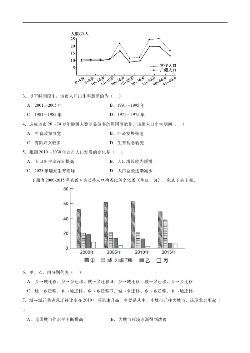 专题07人口-2023年高考地理一轮复习小题多维练（原卷版）_9.2025地理总复习_2023年新高考复习资料_一轮复习_2023年高考地理一轮复习小题多维练（新高考专用）_人口