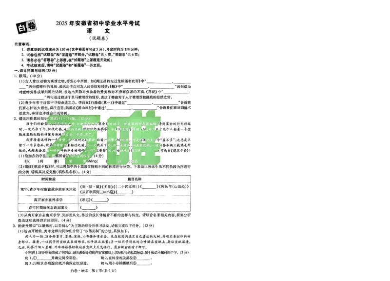 白卷-语文-A4_初中资料合集_2025《万唯中考&bull;黑白卷》多地方版（更30省）_2025《万唯中考&bull;黑白卷》7科全套（安徽）_A4版