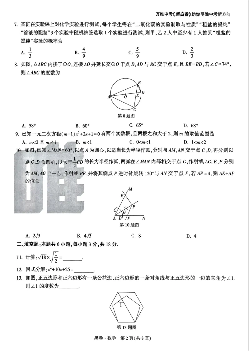 数学黑卷_初中资料合集_2025《万唯中考&bull;黑白卷》多地方版（更30省）_2025《万唯中考&bull;黑白卷》语文、数学、物理、化学、道法（山东）_数学