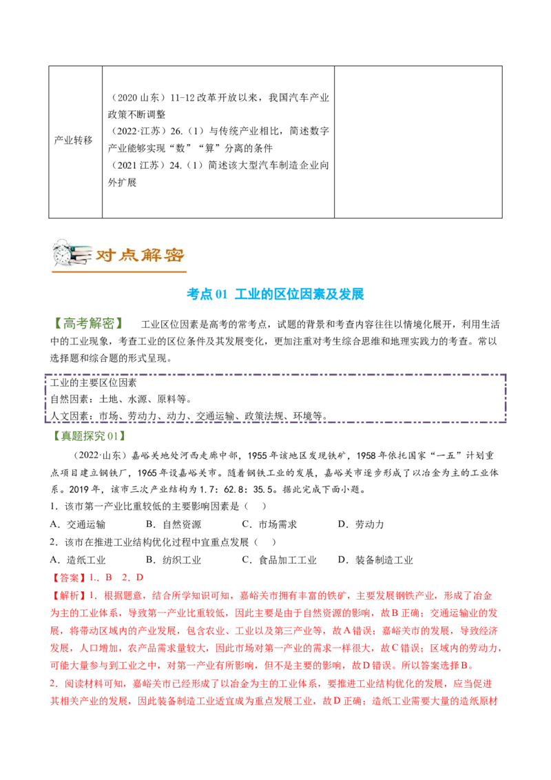 专题06区域产业的创新发展（讲义）（word版）-高频考点解密2023年高考地理二轮专题复习课件+讲义+分层训练（新高考专用）_9.2025地理总复习_2023年新高考复习资料_二轮复习