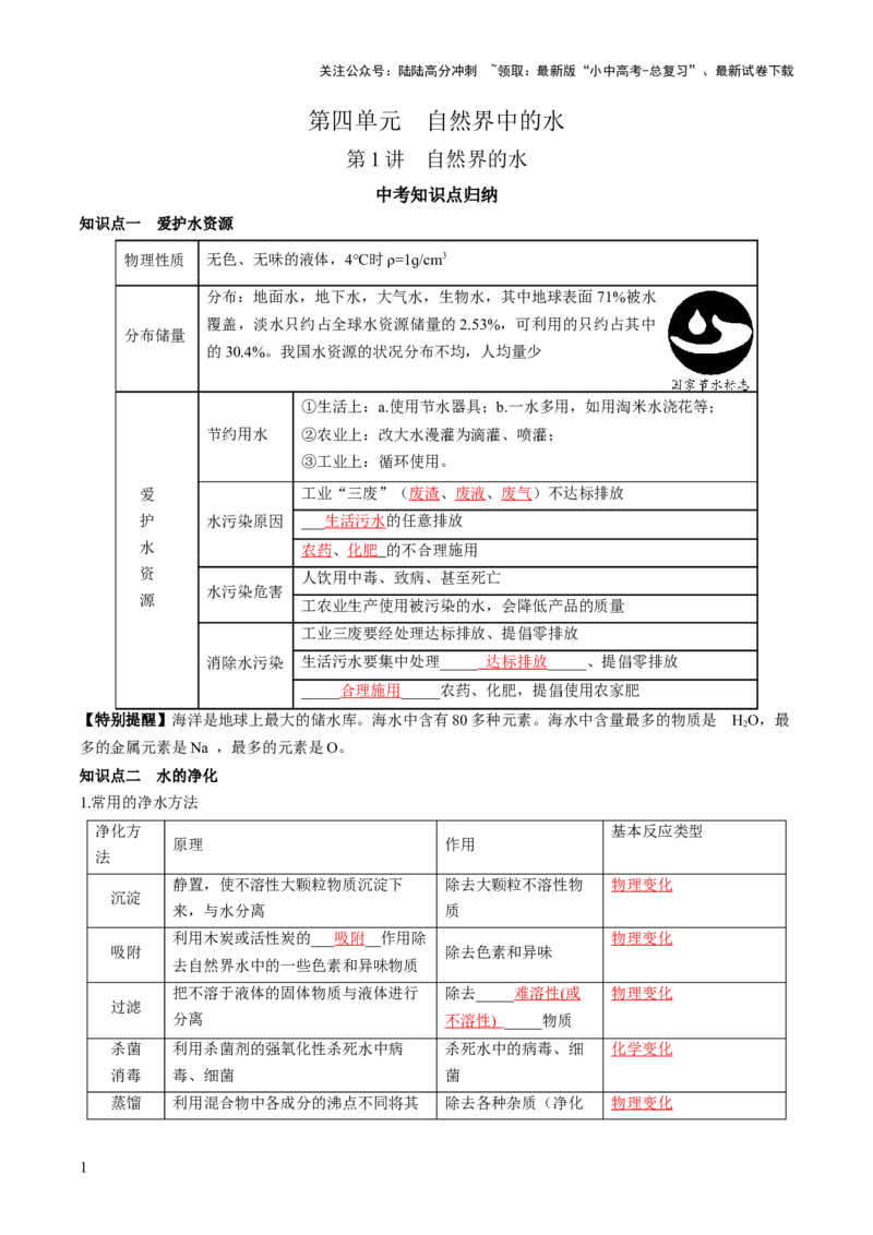 第四单元自然界的水第1讲-大单元复习2024年中考化学一轮复习必考知识梳理与考法点拨（人教版）（教师版）_02中考总复习（2026版更新中）_05-化学-中考总复习_2024年中考复习资料