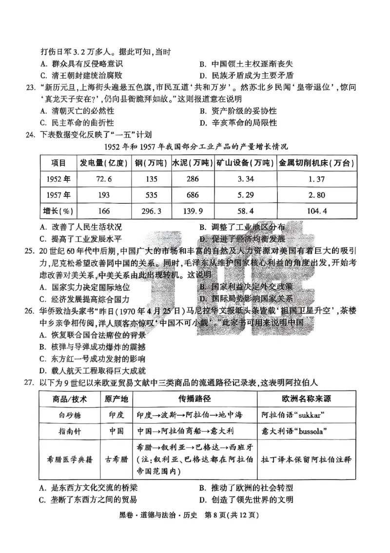 黑卷道德法治历史A4_初中资料合集_2025《万唯中考&bull;黑白卷》多地方版（更30省）_2025《万唯中考&bull;黑白卷》7科全套（湖北）_历史道法