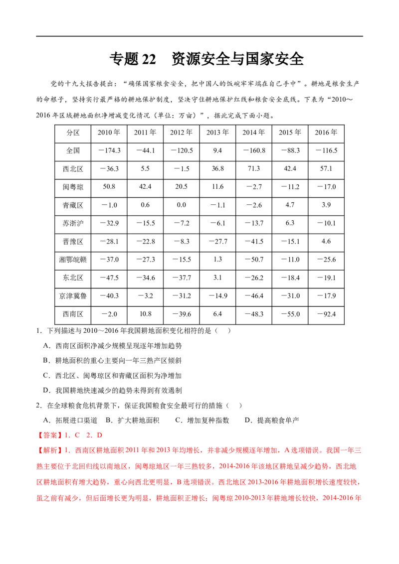 专题22资源安全与国家安全-2023年高考地理一轮复习小题多维练（新高考专用）（解析版）_9.2025地理总复习_2023年新高考复习资料_一轮复习_资源安全与国家安全