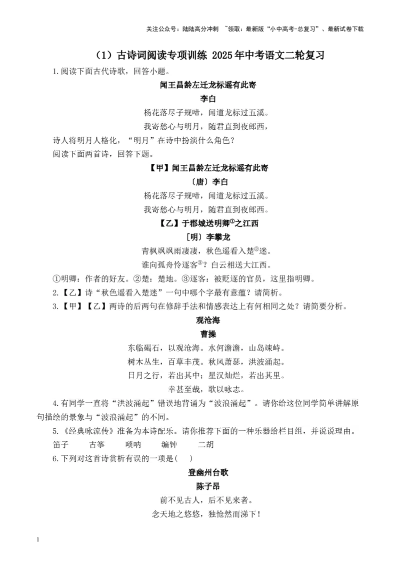 （1）古诗词阅读专项训练2025年中考语文二轮复习（含解析）_02中考总复习（2026版更新中）_01-语文-中考总复习_2025年中考资料_中考文言文专项