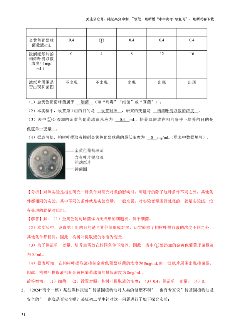 题型突破五实验探究题（解析版）_02中考总复习（2026版更新中）_08-生物-中考总复习_2024年中考复习资料_三轮复习_查漏补缺2024年中考生物复习冲刺过关（全国通用）_查补能力&middot;提升练