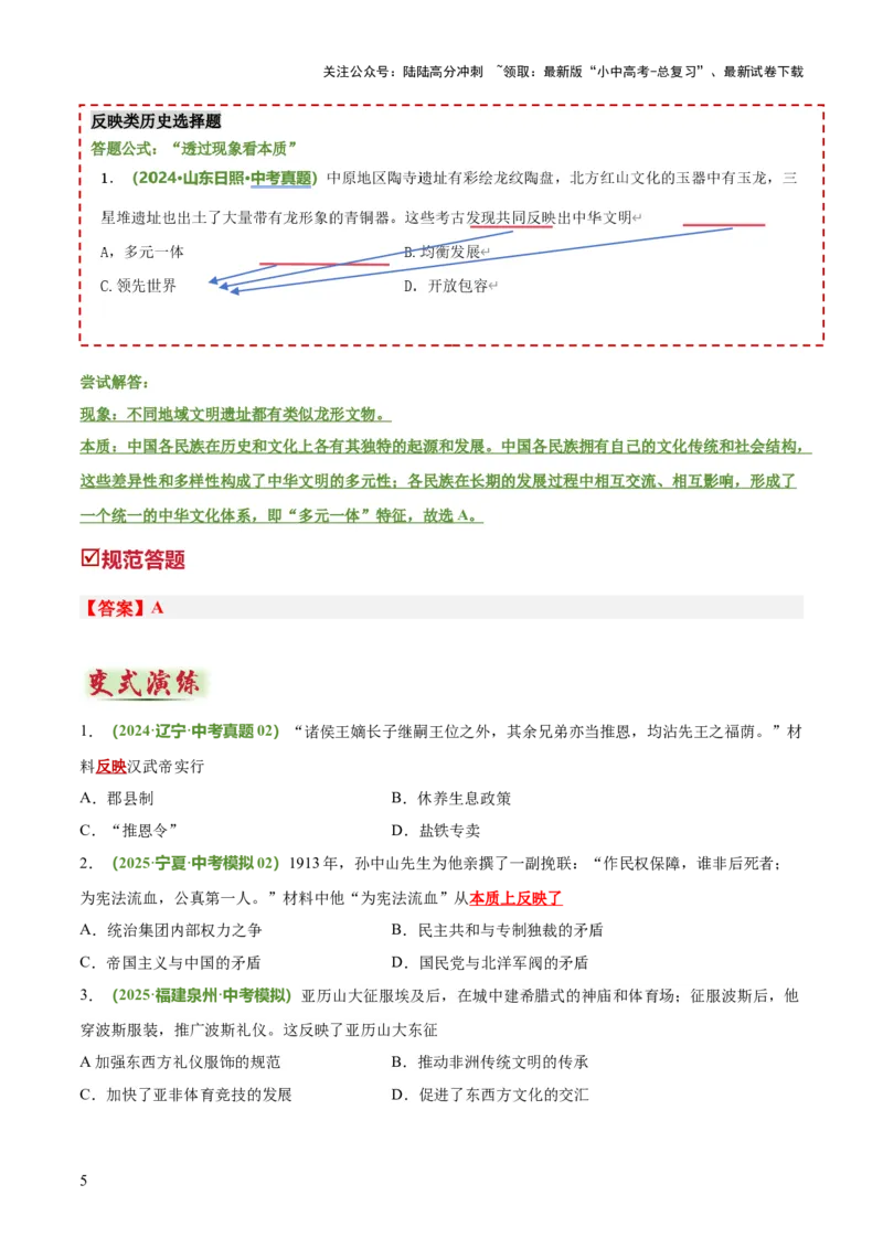 题型01反映、表明类选择题（解题技巧）（原卷版）_02中考总复习（2026版更新中）_06-历史-中考总复习_2025年中考复习资料_2025年中考历史答题方法模板