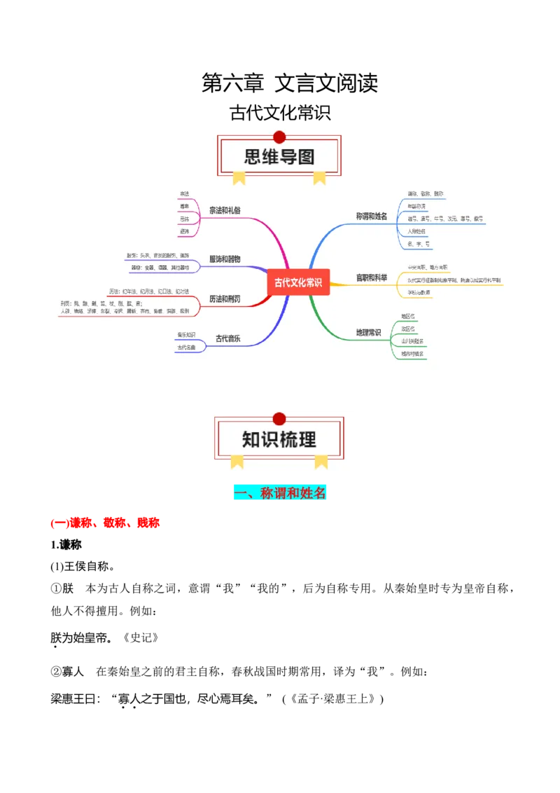 专题10：古代文化常识（原卷版）-上好课2025年高考语文一轮复习知识清单_1.2025语文总复习_2025年新高考资料_一轮复习_2025年高考语文一轮复习知识清单_第六章文言文阅读