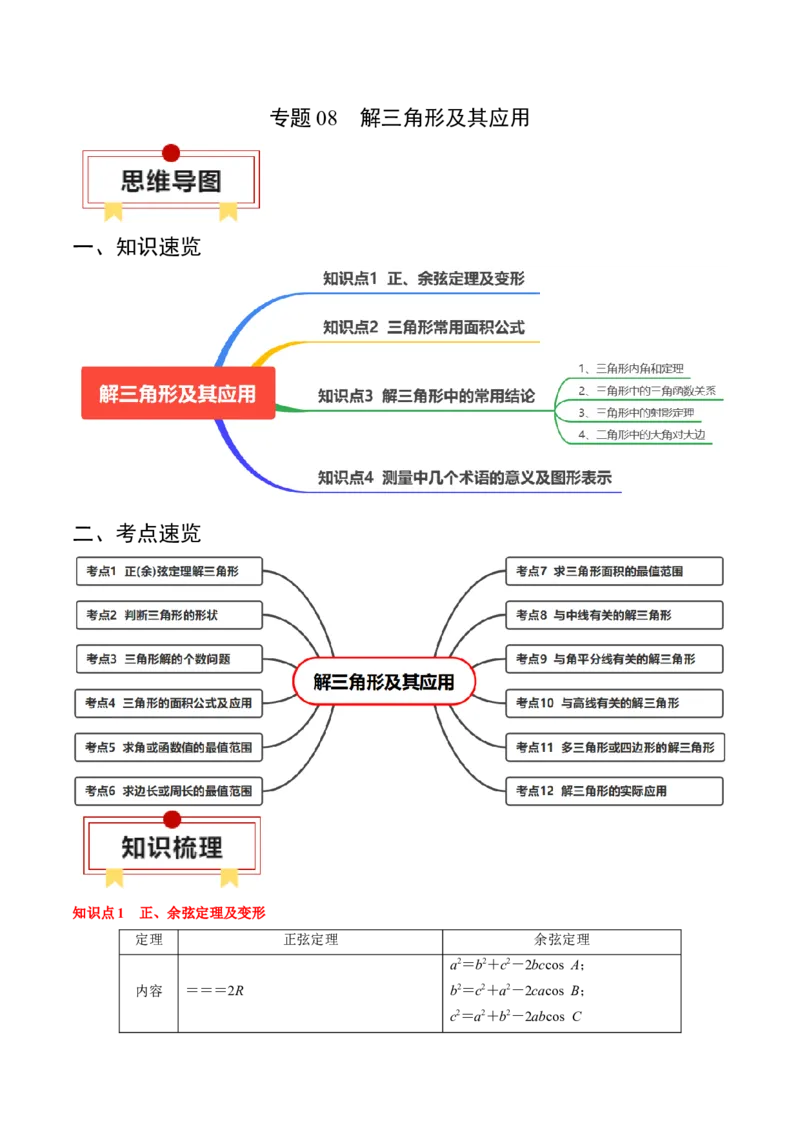 专题08解三角形及其应用（原卷版）_2.2025数学总复习_2024年新高考资料_1.2024一轮复习_2024年高考数学一轮复习知识清单（新高考专用）