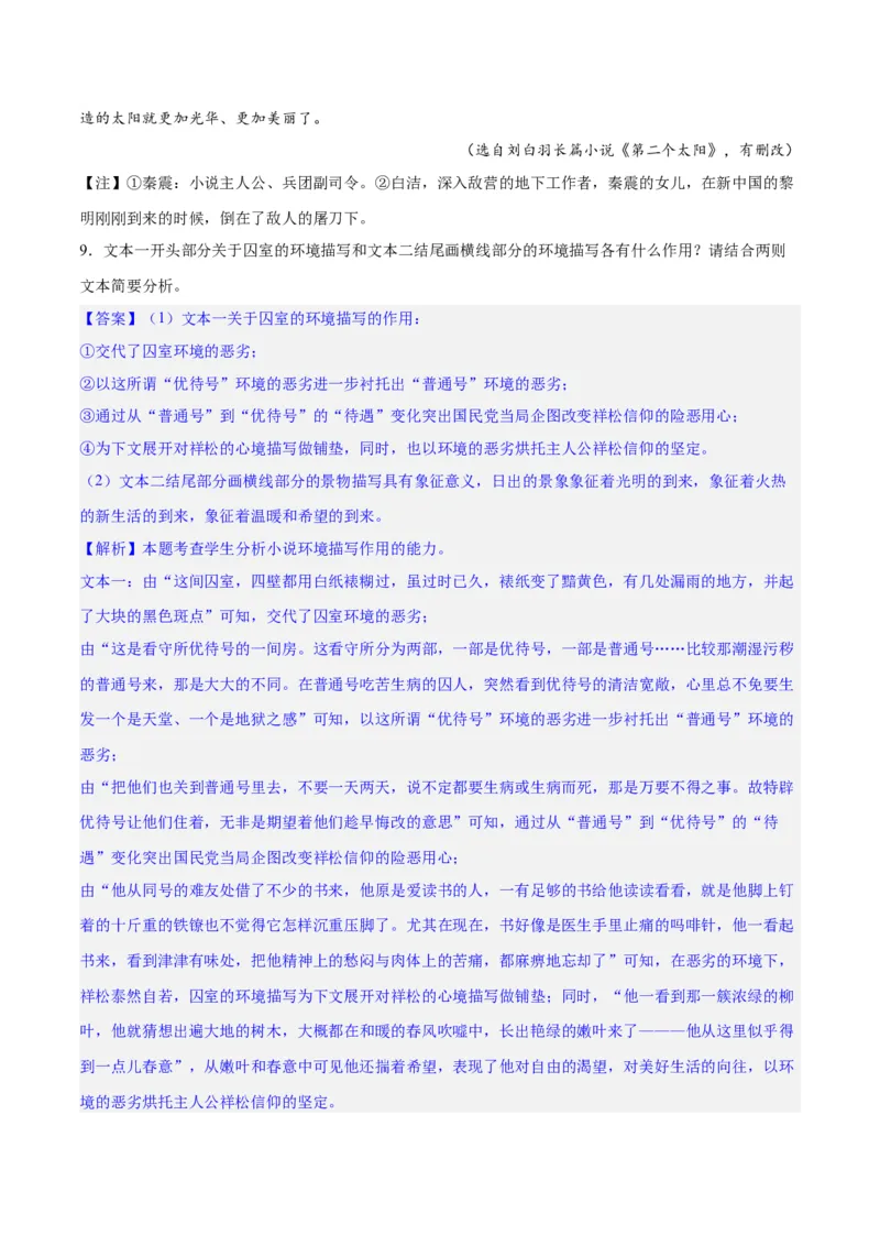 专题09读懂小说的环境（练习）-2024年高考语文二轮复习讲练测（新教材新高考）(解析版)(1)_1.2025语文总复习_2024年新高考资料_2.2024二轮复习
