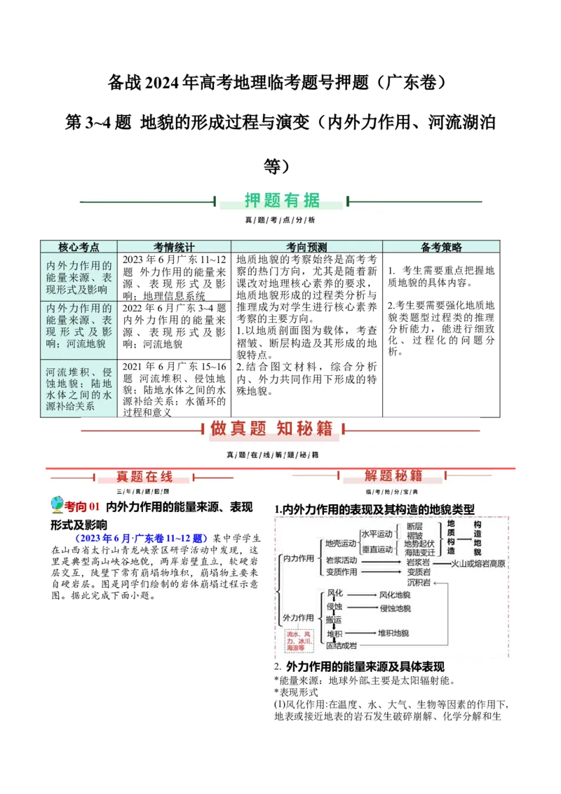第3~4题地貌的形成过程与演变（内外力作用、河流湖泊等）-备战2024年高考地理临考题号押题（广东卷）（解析版）_9.2025地理总复习_2024年新高考资料_5.2024三轮冲刺