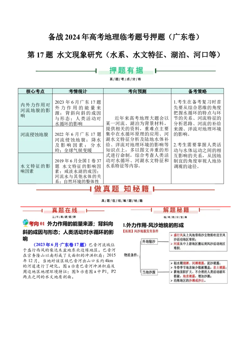 第17题水文现象研究（水系、水文特征、湖泊、河口等）-备战2024年高考地理临考题号押题（广东卷）（原卷版）_9.2025地理总复习_2024年新高考资料_5.2024三轮冲刺