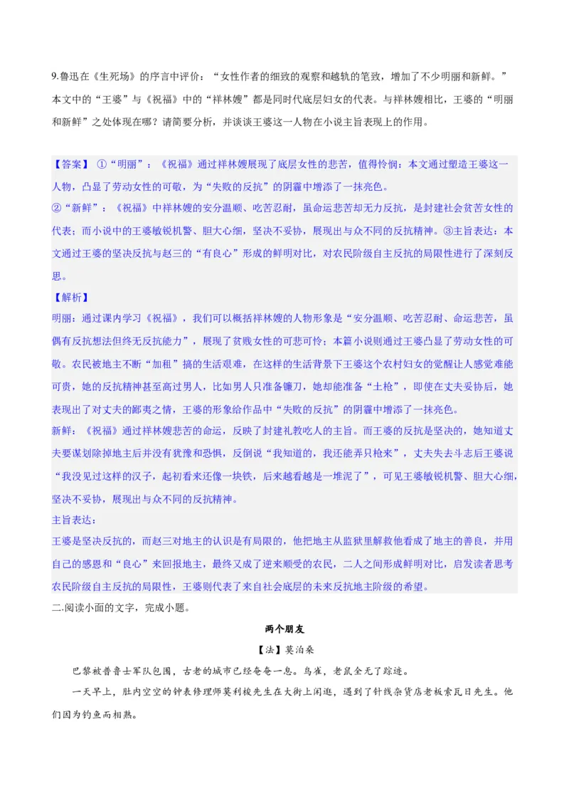 专题10小说主旨意蕴探究（练习）-2024年高考语文二轮复习讲练测（新教材新高考）(解析版)(1)_1.2025语文总复习_2024年新高考资料_2.2024二轮复习