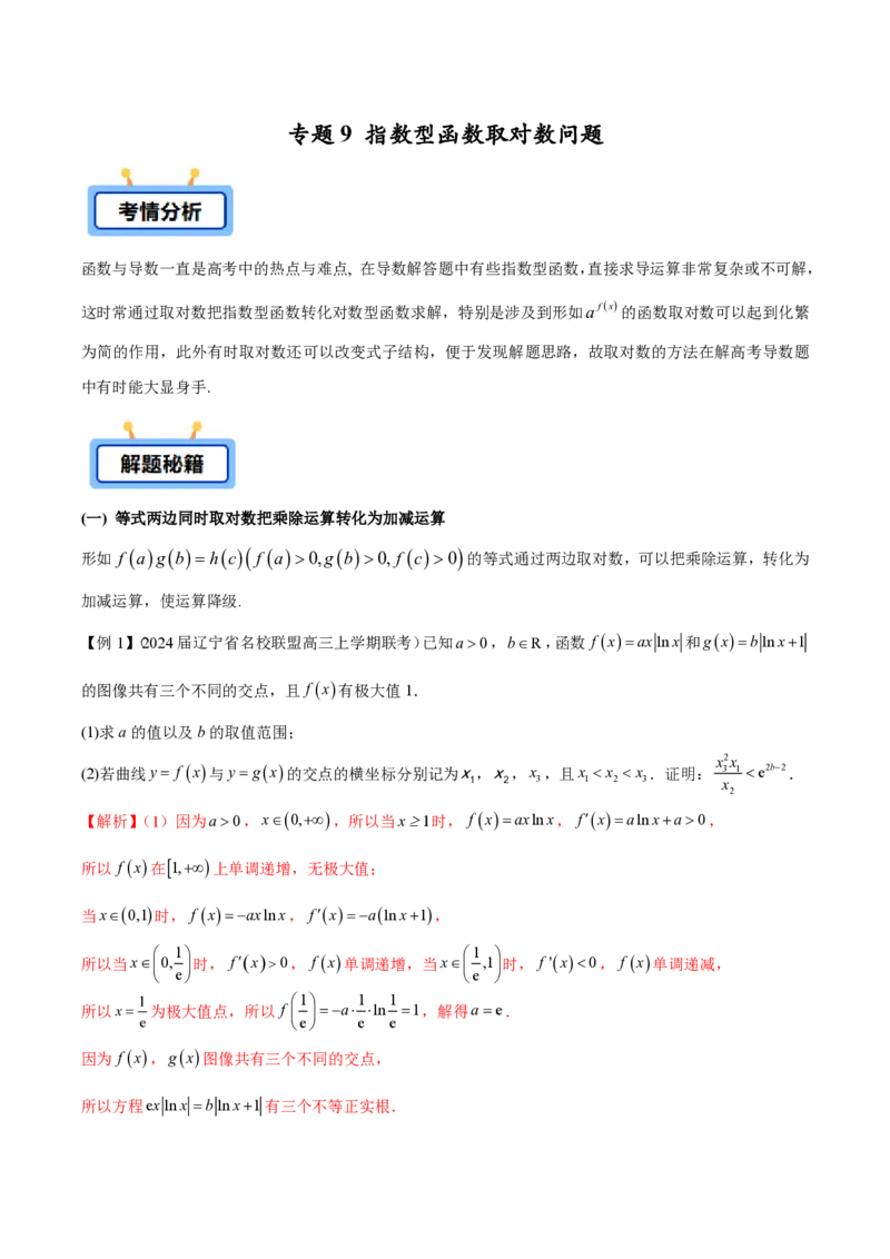 专题09指数型函数取对数问题（教师版）-2025年高考数学压轴大题必杀技系列&middot;导数_2.2025数学总复习_2025年新高考资料_二轮复习_冲刺高考2025年高考数学二轮复习之压轴大题必杀技系列