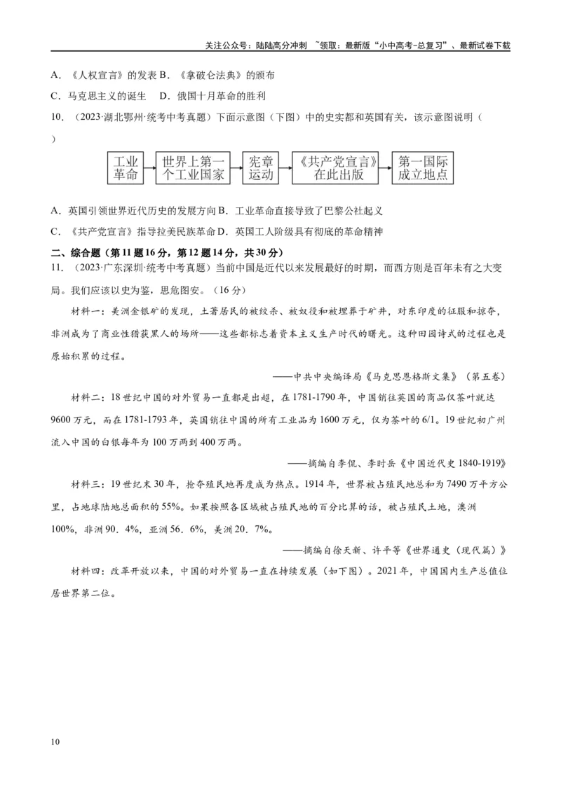 （练习）专题22工业革命和国际共产主义运动的兴起（原卷版）_02中考总复习（2026版更新中）_06-历史-中考总复习_2024年中考复习资料_一轮复习_配套练习（原卷版+解析版）