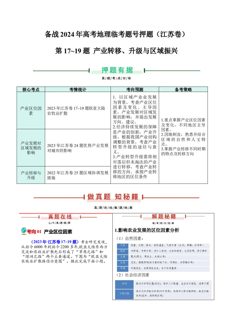 第17~19题产业转移、升级与产业振兴-备战2024年高考地理临考题号押题（江苏卷）（解析版）_9.2025地理总复习_2024年新高考资料_5.2024三轮冲刺