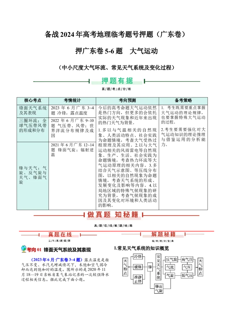 押广东卷5-6题大气运动（中小尺度大气环流、常见天气系统及变化过程）（原卷版）-备战2024年高考临考题号押题_9.2025地理总复习_2024年新高考资料_5.2024三轮冲刺
