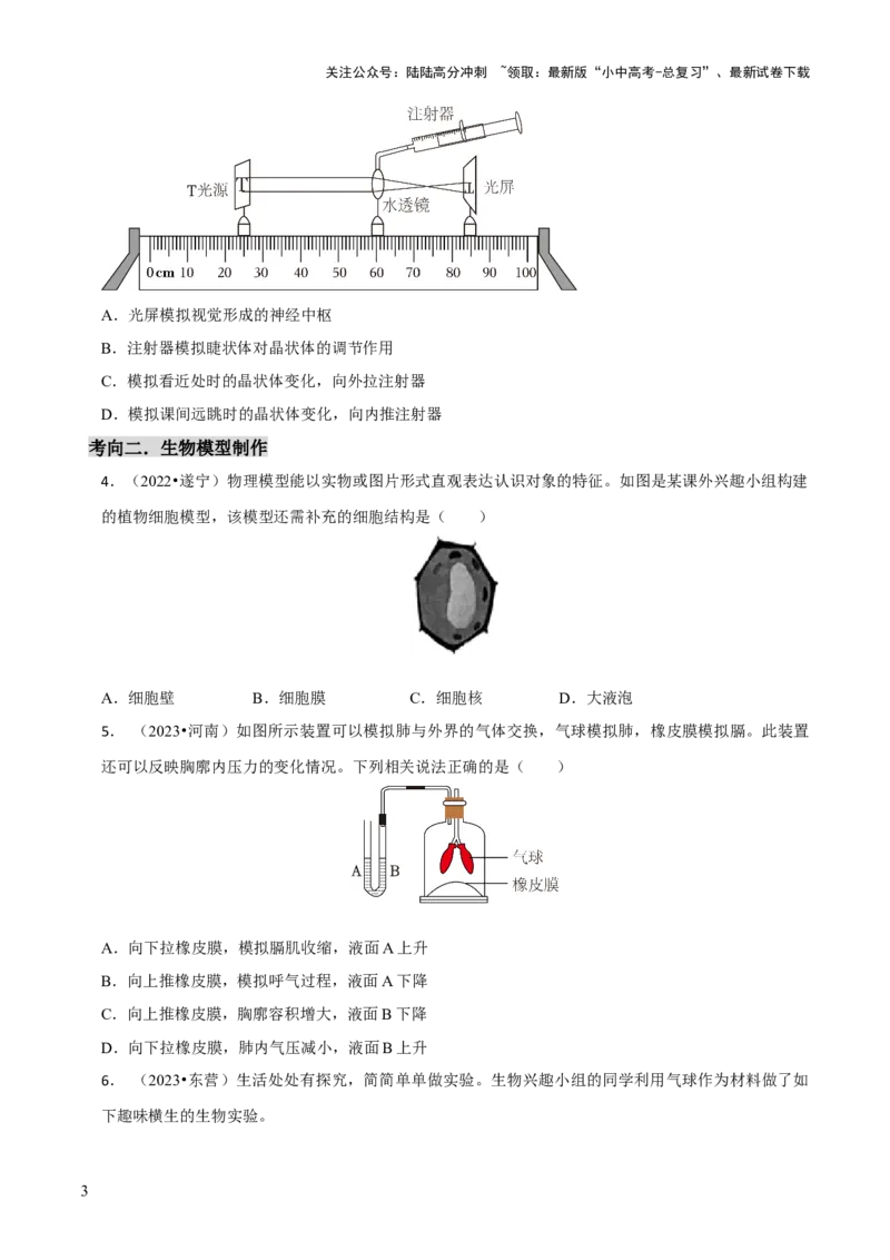 题型突破六跨学科与模型制作（原版卷）_02中考总复习（2026版更新中）_08-生物-中考总复习_2024年中考复习资料_三轮复习_查漏补缺2024年中考生物复习冲刺过关（全国通用）