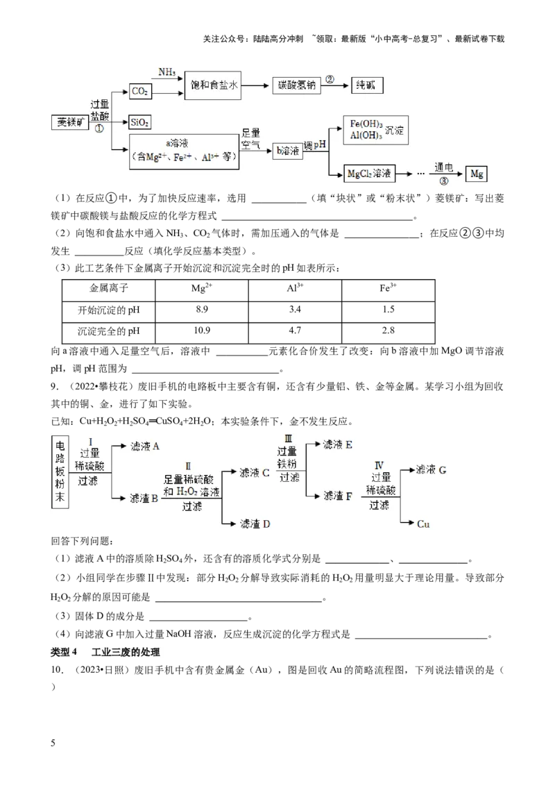题型03工艺流程题（原卷版）_02中考总复习（2026版更新中）_05-化学-中考总复习_2024年中考复习资料_三轮复习_查漏补缺2024年中考化学复习冲刺过关（全国通用）_查补能力&bull;提升练