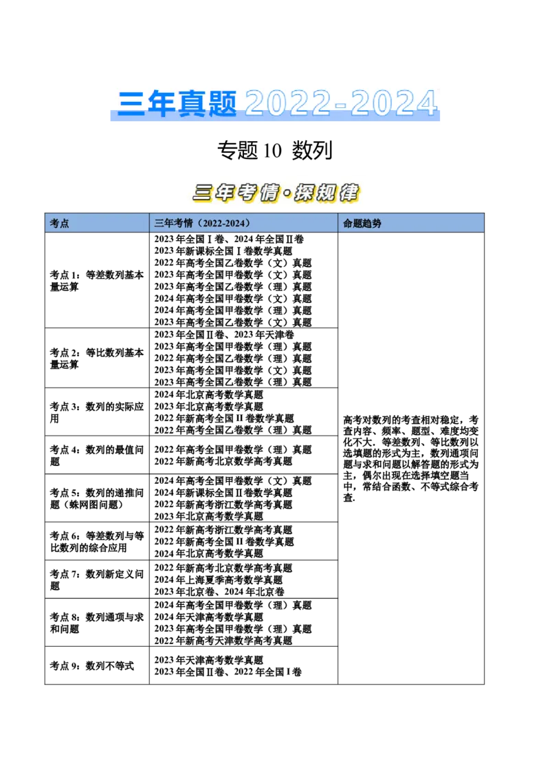专题10数列（九大考点）（解析版）_2.2025数学总复习_2025年新高考资料_专项复习_三年（2022-2024）高考数学真题分类汇编（全国通用）（完结）