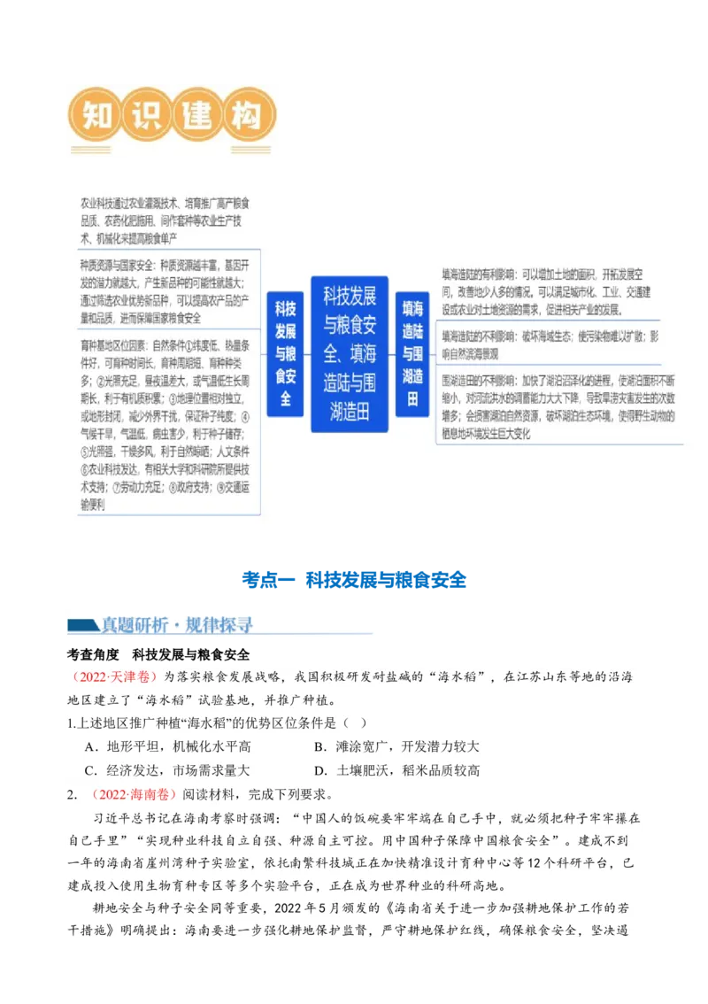 微专题科技发展与粮食安全、填海造陆与围湖造田（讲义）（原卷版）_9.2025地理总复习_2024年新高考资料_2.2024二轮复习_2024年高考地理二轮复习讲练测（新教材新高考）_微专题