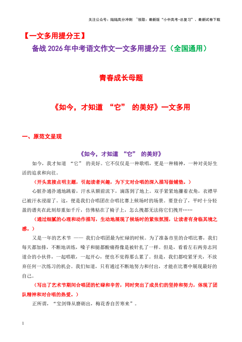 青春成长母题《如今，才知道&ldquo;它&rdquo;的美好》一文多用-备战2026年中考语文作文一文多用提分王（全国通用）_02中考总复习（2026版更新中）_01-语文-中考总复习_2026年中考复习（更新中）