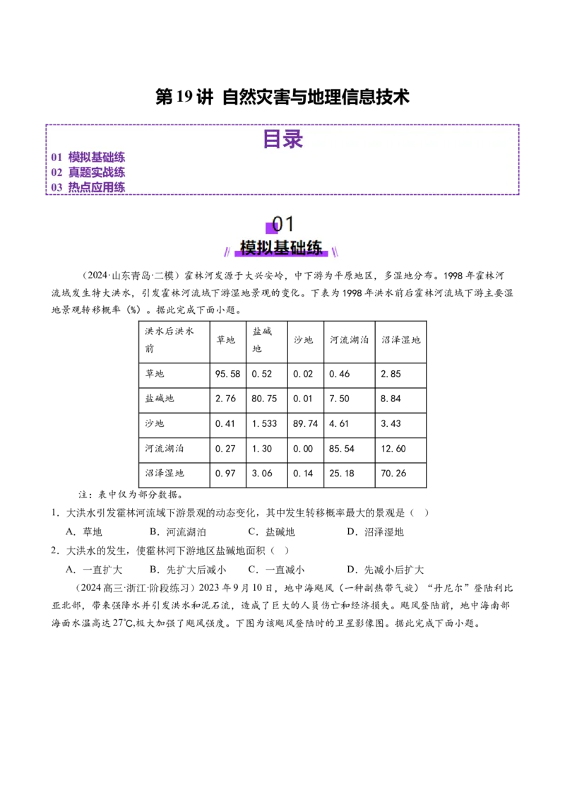 第19讲自然灾害与地理信息技术（练习）（原卷版）_9.2025地理总复习_2025年新高考资料_一轮复习_2025年高考地理一轮复习讲练测（新教材新高考）