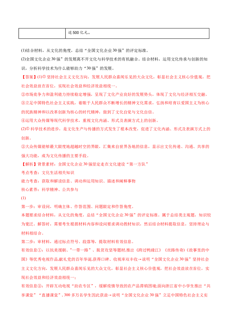 2022年高考政治真题与模拟题分专题训练专题10文化传承与文化创新（教师版含解析）_8.2025政治总复习_2024年新高考资料_3.2024专项复习_赠2022年高考政治真题与模拟题分专题训练