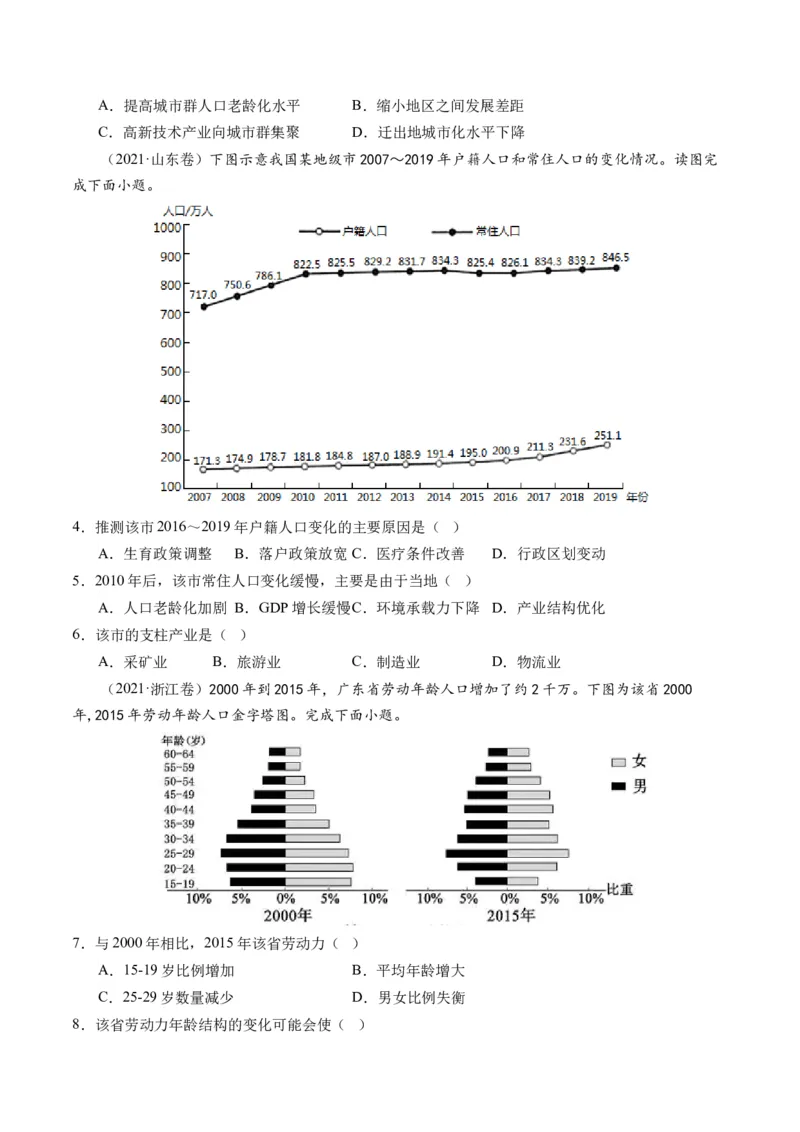 第20讲人口分布和人口容量（练习）（原卷版）_9.2025地理总复习_2024年新高考资料_1.2024一轮复习_2024年高考地理一轮复习讲练测（新教材新高考）