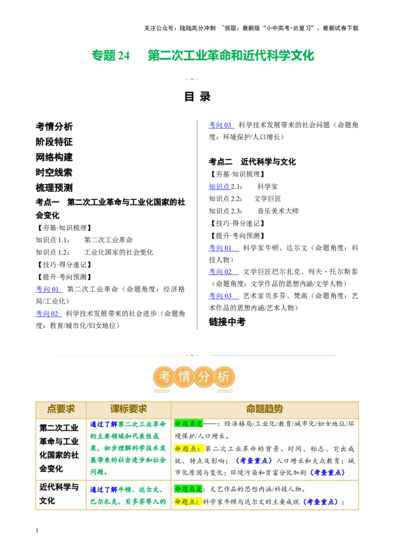 （讲义）专题24第二次工业革命和近代科学文化（原卷版）_02中考总复习（2026版更新中）_06-历史-中考总复习_2024年中考复习资料_一轮复习_配套讲义（原卷版+解析版）