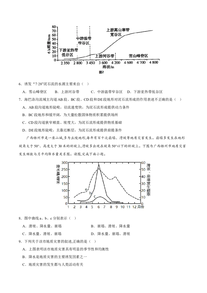 滑坡、泥石流-2023年高三地理二轮小专题练习（新课标）（原卷版)_9.2025地理总复习_2023年新高考复习资料_二轮复习_寒假小练2023年高三地理二轮小专题练习（新课标）291470456