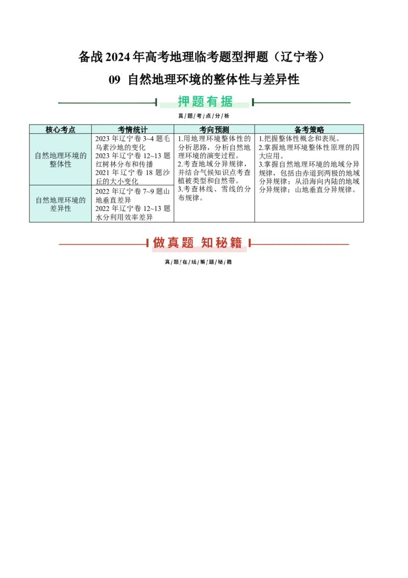 押题09自然地理环境的整体性与差异性-备战2024年高考地理临考题型押题（辽宁卷）（原卷版）_9.2025地理总复习_2024年新高考资料_5.2024三轮冲刺