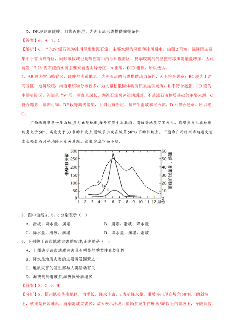 滑坡、泥石流-2023年高三地理二轮小专题练习（新课标）（解析版)_9.2025地理总复习_2023年新高考复习资料_二轮复习_寒假小练2023年高三地理二轮小专题练习（新课标）291470456