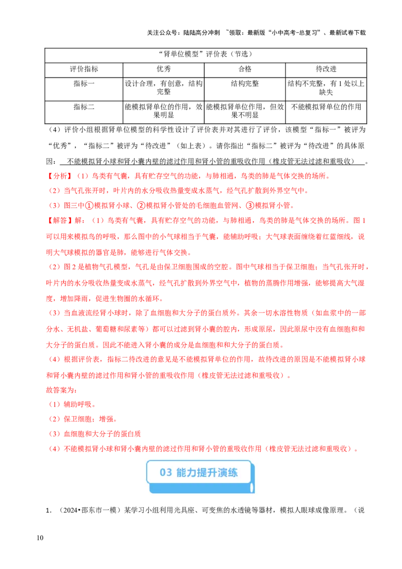题型突破六跨学科与模型制作（解析版）_02中考总复习（2026版更新中）_08-生物-中考总复习_2024年中考复习资料_三轮复习_查漏补缺2024年中考生物复习冲刺过关（全国通用）