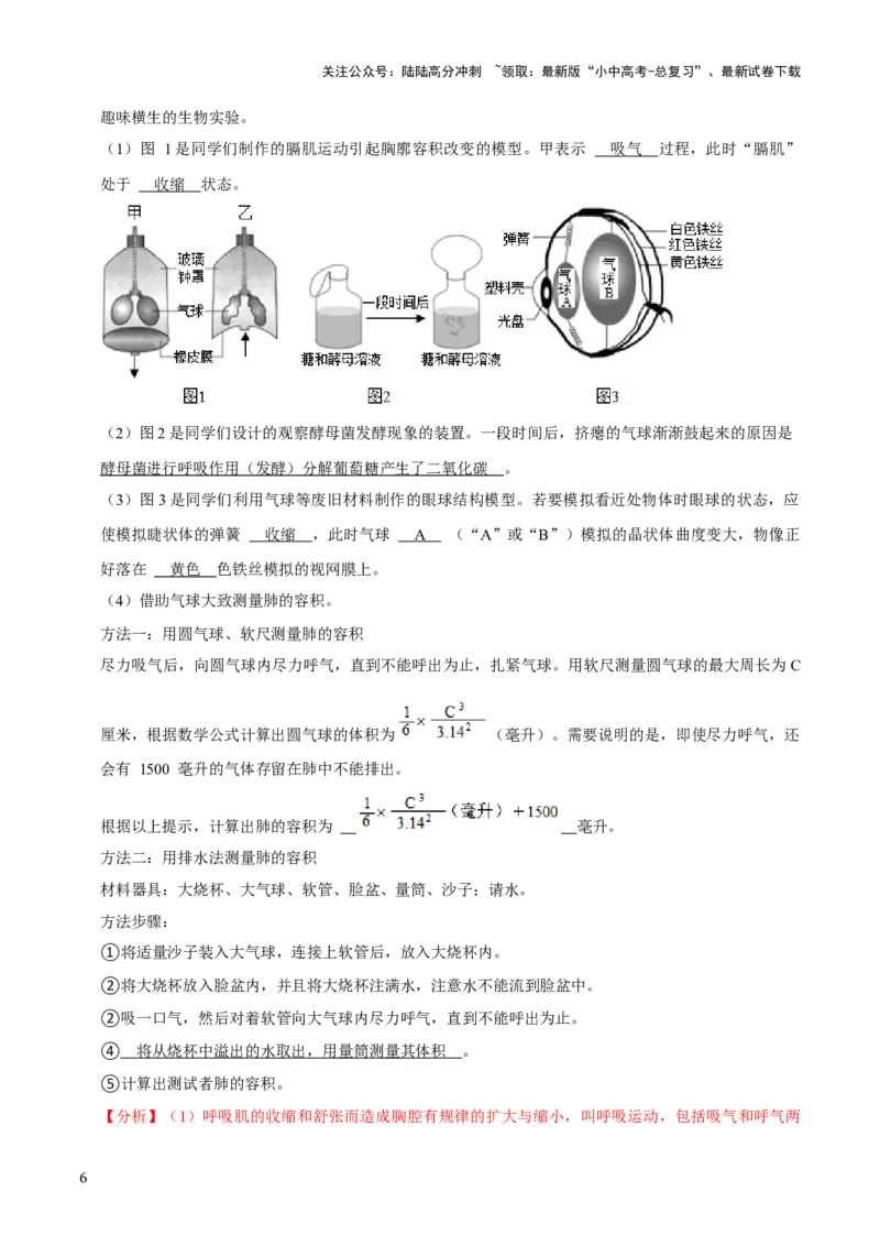 题型突破六跨学科与模型制作（解析版）_02中考总复习（2026版更新中）_08-生物-中考总复习_2024年中考复习资料_三轮复习_查漏补缺2024年中考生物复习冲刺过关（全国通用）
