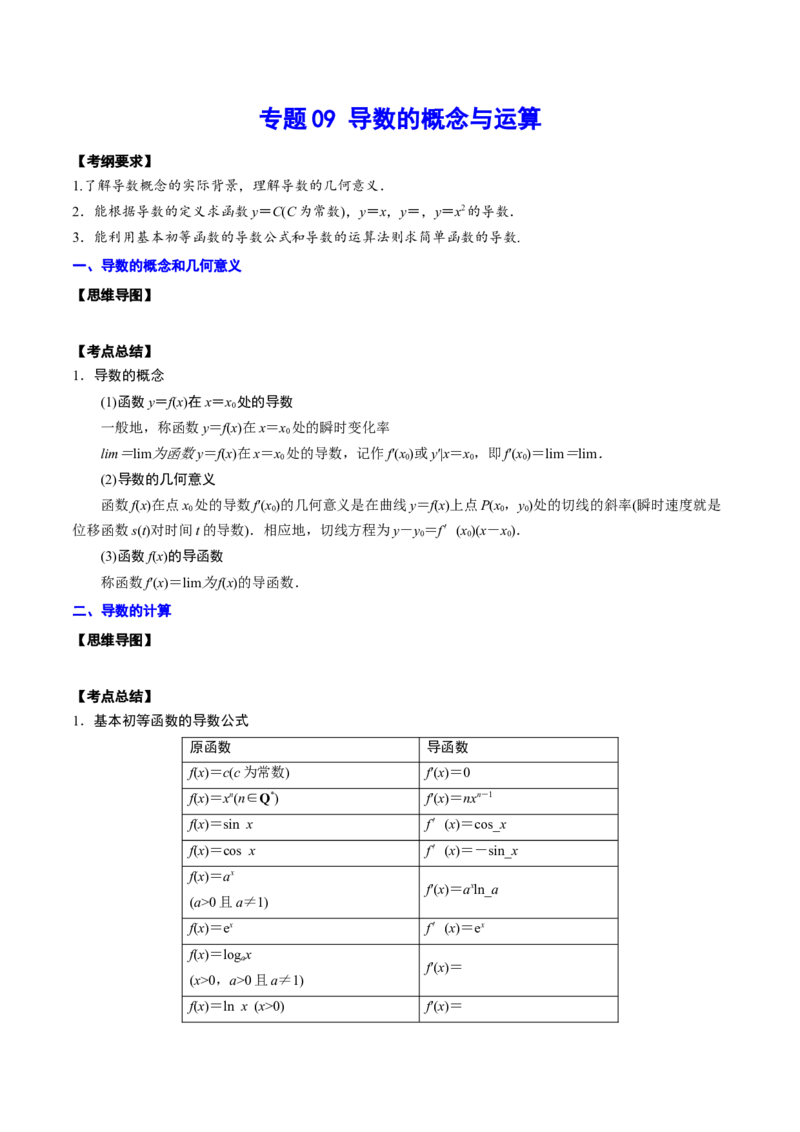 专题09导数的概念与运算(原卷版)_2.2025数学总复习_2023年新高考资料_2023年新高考数学知识点总结与题型精练（新高考地区专用）