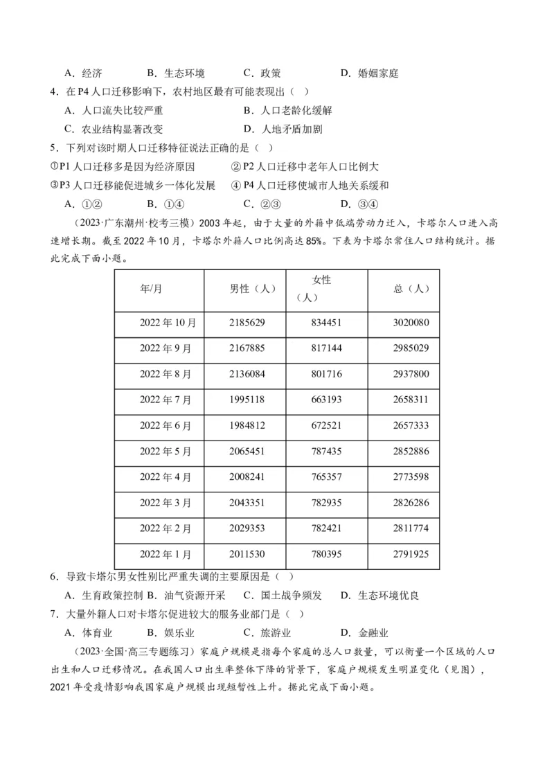 第21讲人口迁移（练习）（原卷版）_9.2025地理总复习_2024年新高考资料_1.2024一轮复习_2024年高考地理一轮复习讲练测（新教材新高考）